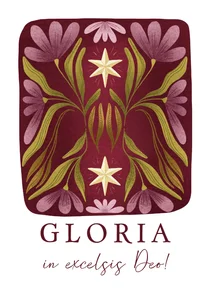 Kerstkaart met sterren en bloemen en christelijke tekst