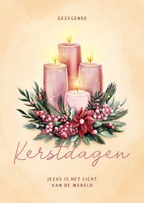 Kerstkaart met vier adventskaarsen en kerstkrans