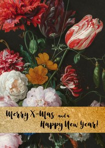Kerstkaart met vintage bloemenbos en gouden band