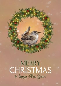 Kerstkaart met vogel en kerstkrans Merry Christmas
