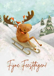 Kerstkaart met vrolijke eland op slee