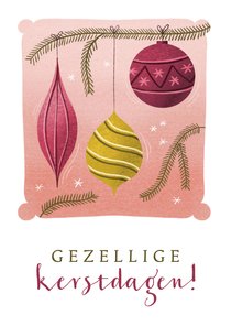 Kerstkaart met vrolijke kerstballen en dennentakken