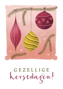 Kerstkaart met vrolijke kerstballen en dennentakken