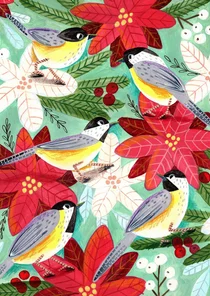  Kerstkaart mezen en kerstbloemen