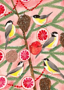 Kerstkaart mezen in een kerstboom