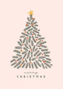 Kerstkaart minimalistische kersttakken oranje ballen