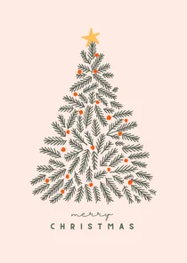 Kerstkaart minimalistische kersttakken oranje ballen
