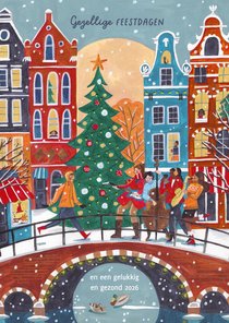 Kerstkaart muziek in de stad Amsterdam in de sneeuw