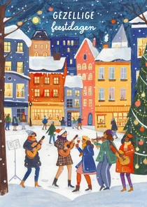 Kerstkaart muziek in de stad in de sneeuw