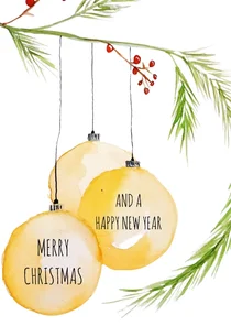 Kerstkaart net 3 gele kerstballen