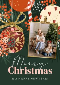 Kerstkaart nostalgisch kerstboom kerstballen foto goud