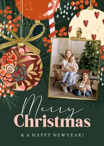 Kerstkaart nostalgisch kerstboom kerstballen foto goud