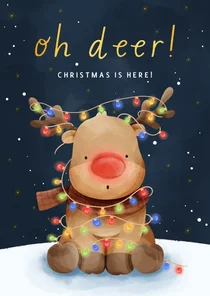 Kerstkaart oh deer rendier met kerstlampjes