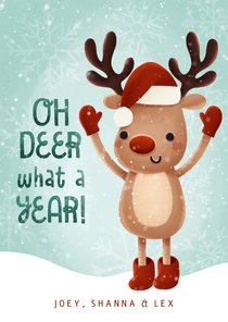 Kerstkaart Oh deer what a year met hertje en sneeuw