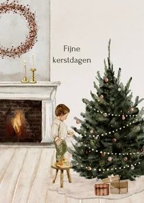 Kerstkaart openhaard kerstboom jongetje