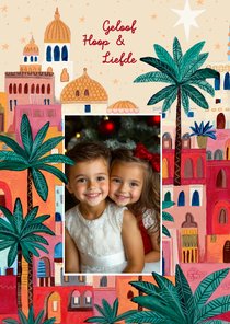 Kerstkaart oriëntaalse stad bethlehem en ster