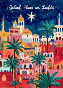 Kerstkaart oriëntaalse stad bethlehem onder sterren hemel
