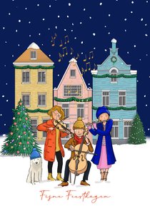 Kerstkaart orkest met stadje