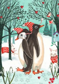 Kerstkaart Penguins in het bos