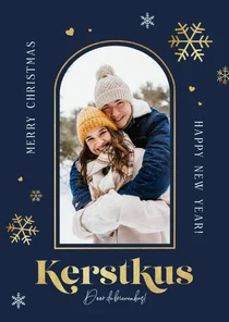 Kerstkaart persoonlijk goud sneeuwvlokjes kerstkus foto