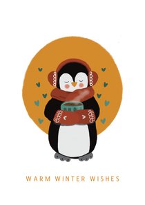 Kerstkaart pinguïn illustratie warm winter wishes