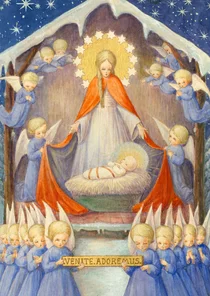 Kerstkaart - Religieus kerststal engelen