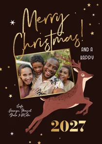 Kerstkaart rendier hert foto goud sterren merry christmas