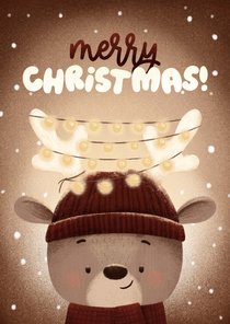 Kerstkaart rendier kerstlampjes sneeuw Merry Christmas