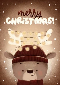 Kerstkaart rendier kerstlampjes sneeuw Merry Christmas