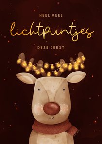 Kerstkaart rendier met kerstlampjes lichtpuntjes voor jou