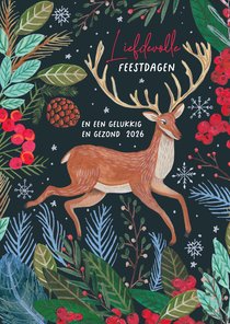 Kerstkaart Rendier met sneeuwvlokken en rode bessen