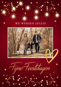 Kerstkaart rood lampjes goudlook foto confetti