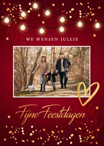 Kerstkaart rood lampjes goudlook foto confetti