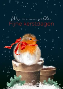 Kerstkaart roodborst strik en maan