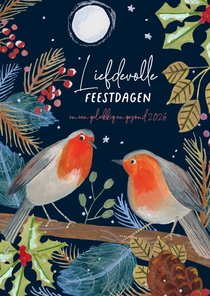 Kerstkaart roodborstjes bij volle maan