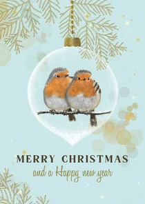Kerstkaart roodborstjes samen in glazen kerstbal