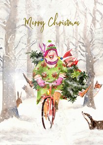 Kerstkaart samen op de fiets met boom verticaal