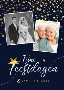 Kerstkaart save the date jubileum sterren goud confetti foto