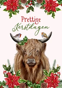 Kerstkaart schotse hooglander met roodborstjes