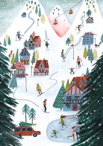 Kerstkaart ski landschap illustratie