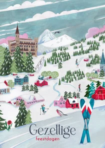 Kerstkaart ski landschap met bergen en sneeuw