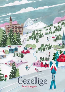 Kerstkaart ski landschap met bergen en sneeuw