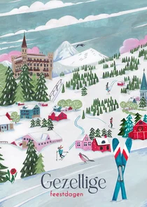 Kerstkaart ski landschap met bergen en sneeuw