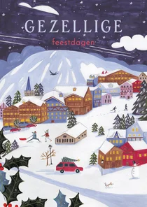 Kerstkaart ski landschap met bergen sneeuw en huisjes