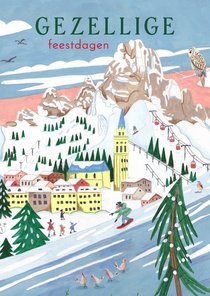 Kerstkaart ski landschap met bergen, sneeuw en kerkje