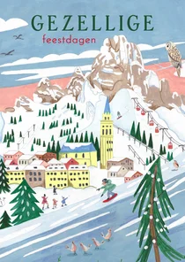 Kerstkaart ski landschap met bergen, sneeuw en kerkje