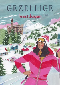 Kerstkaart ski landschap met vrouw in skipak
