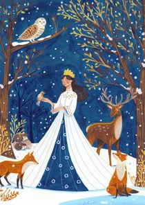 Kerstkaart sneeuwkoningin in het dieren bos