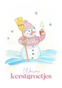 Kerstkaart sneeuwpop met warme chocolademelk