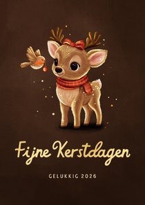 Kerstkaart sprankelend hert met roodborstje fijne kerstdagen